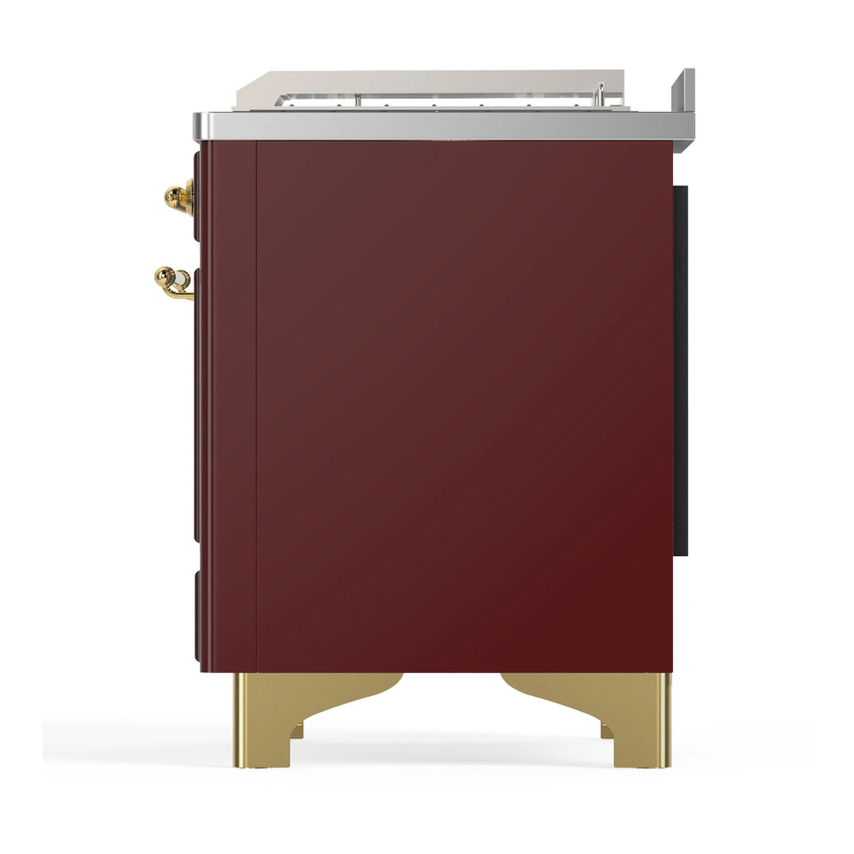 Burgundy back/side panel of dual fuel range with brass corner fittings and stainless top