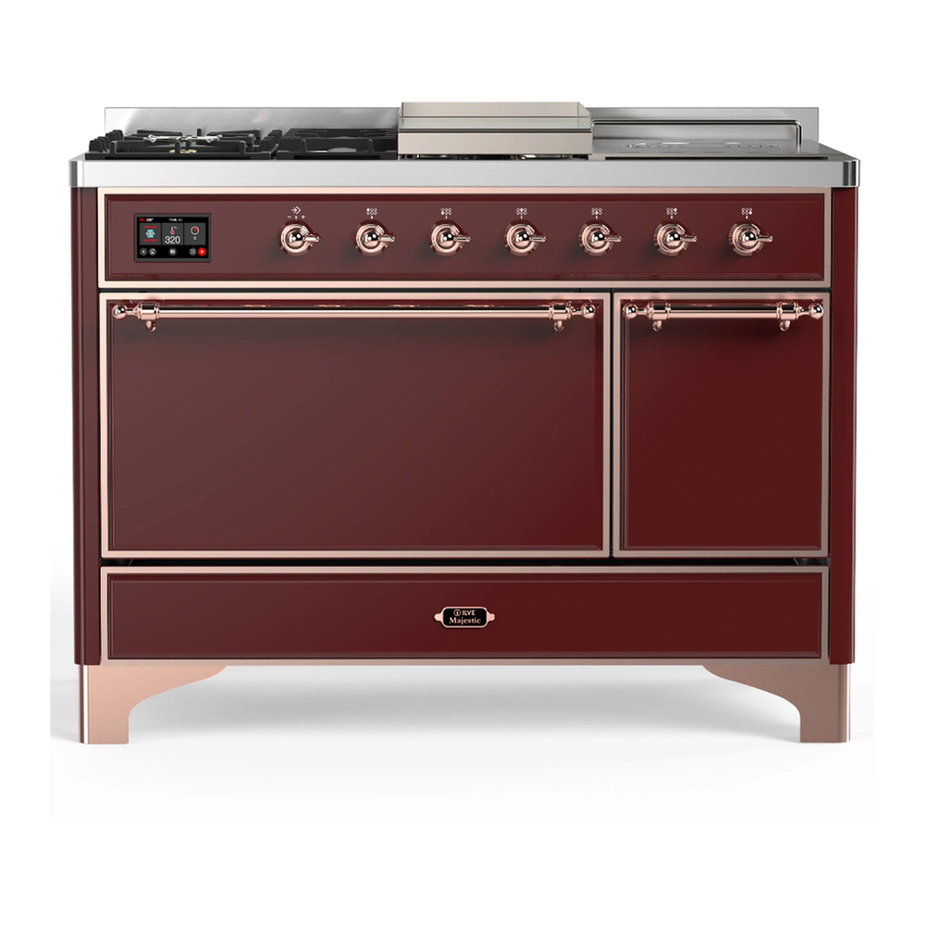 Burgundy dual fuel range with double oven doors, side door, and front control panel