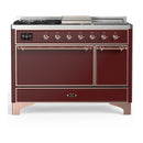 ILVE Majestic III 48-inch Dual Fuel Range with 5 Liquid Propane Burner, Griddle, French Top and Solid Door Electric Oven in Burgundy with Copper Trim (UM48FSQNR3BUPLP)