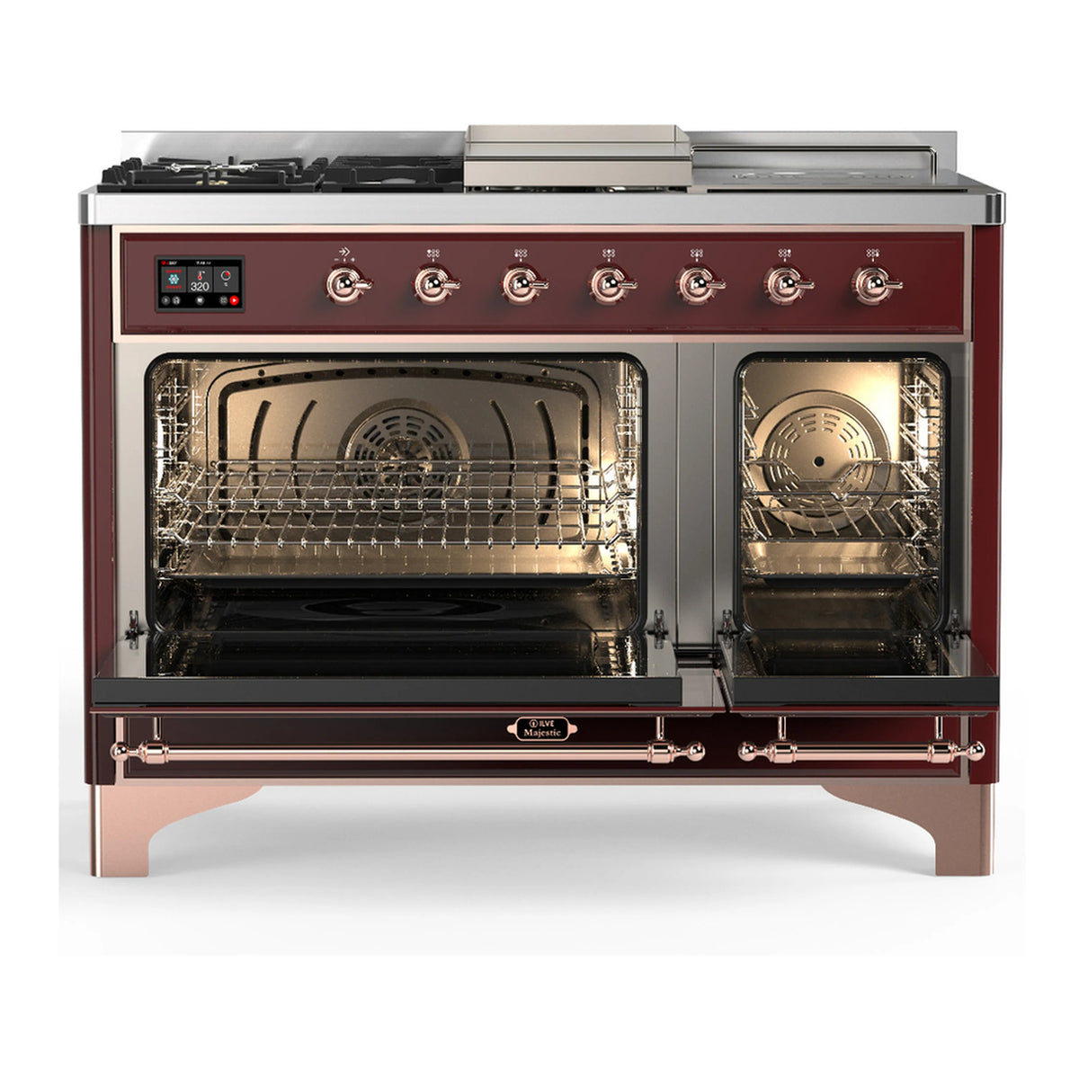 Burgundy dual fuel range with open oven doors, chrome racks, and control knobs