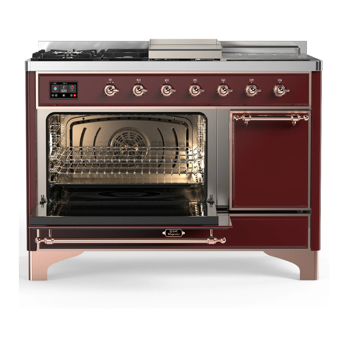 Burgundy dual fuel range with open oven and side storage door, front control panel