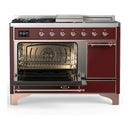 ILVE Majestic III 48-inch Dual Fuel Range with 5 Liquid Propane Burner, Griddle, French Top and Solid Door Electric Oven in Burgundy with Copper Trim (UM48FSQNR3BUPLP)