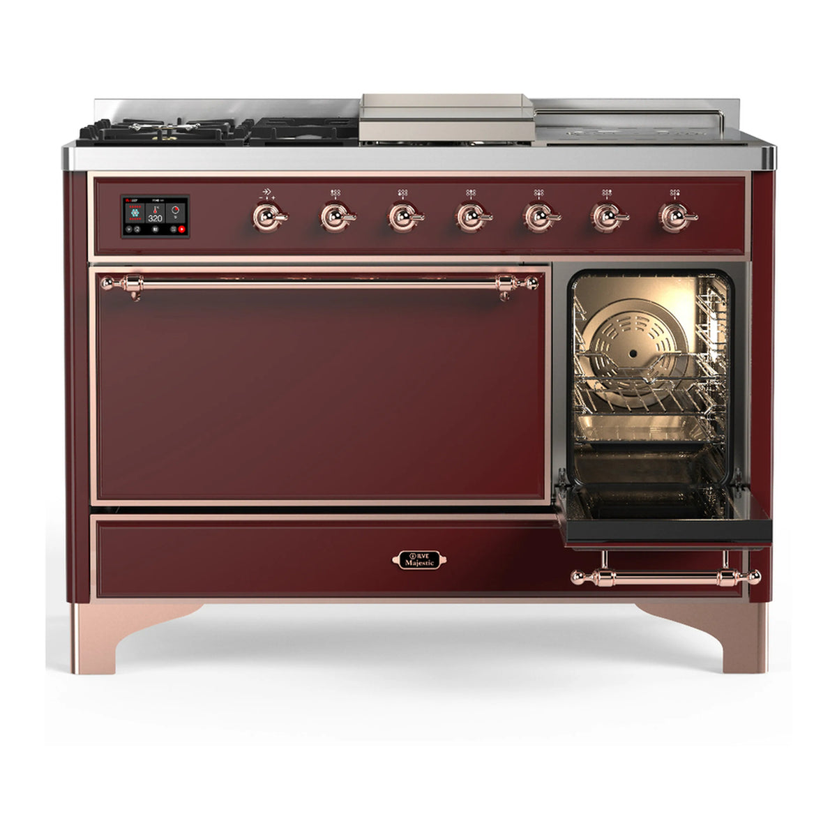 Burgundy dual fuel range with closed oven door and open small oven compartment