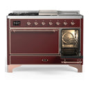 ILVE Majestic III 48-inch Dual Fuel Range with 5 Liquid Propane Burner, Griddle, French Top and Solid Door Electric Oven in Burgundy with Copper Trim (UM48FSQNR3BUPLP)