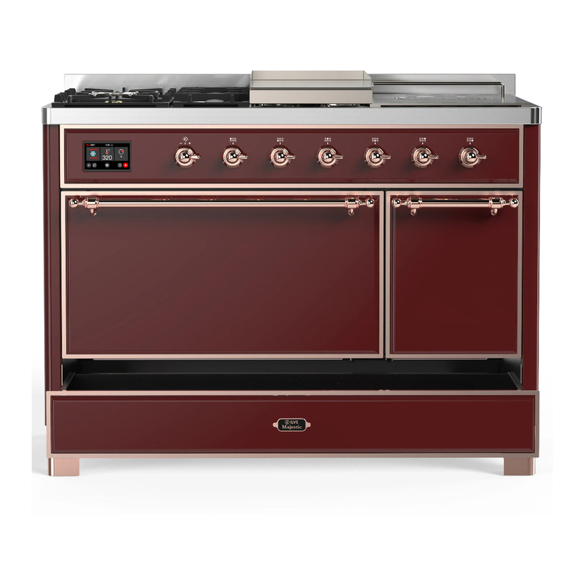 Burgundy dual fuel range with double oven doors and lower drawer, front control knobs