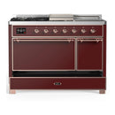 ILVE Majestic III 48-inch Dual Fuel Range with 5 Liquid Propane Burner, Griddle, French Top and Solid Door Electric Oven in Burgundy with Copper Trim (UM48FSQNR3BUPLP)