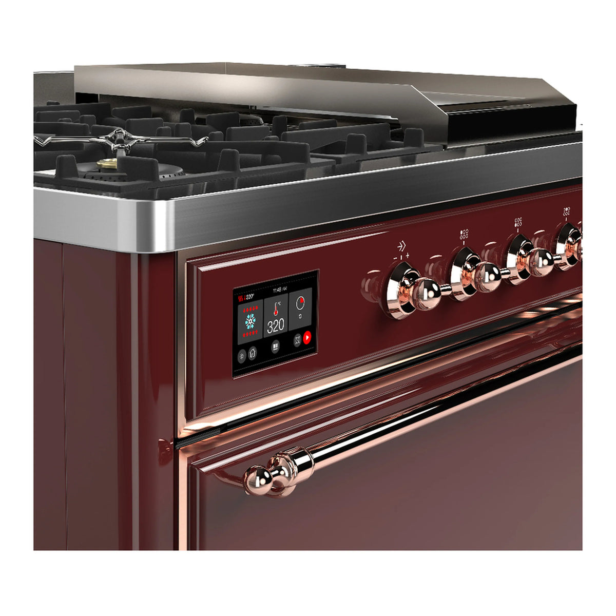 Burgundy dual fuel range corner view with control display and copper-finish knobs