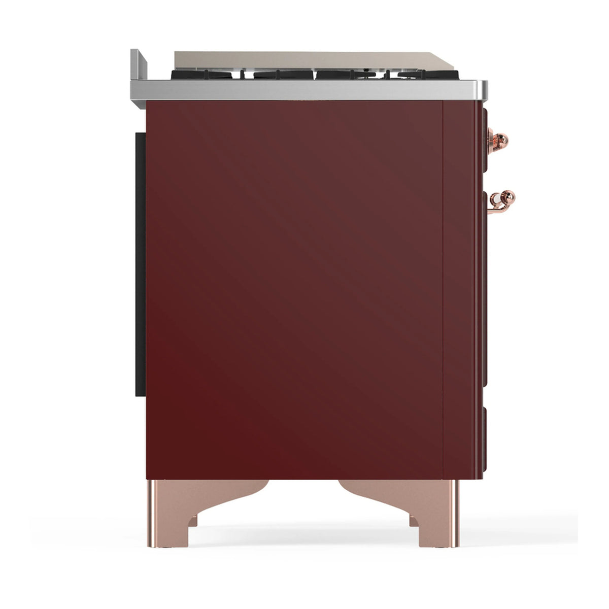 Burgundy dual fuel range back view with cooktop and side connections