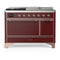 ILVE Majestic III 48-inch Dual Fuel Range with 5 Natural Gas Burner, Griddle, French Top and Solid Door Electric Oven in Burgundy with Copper Trim (UM48FSQNR3BUP)