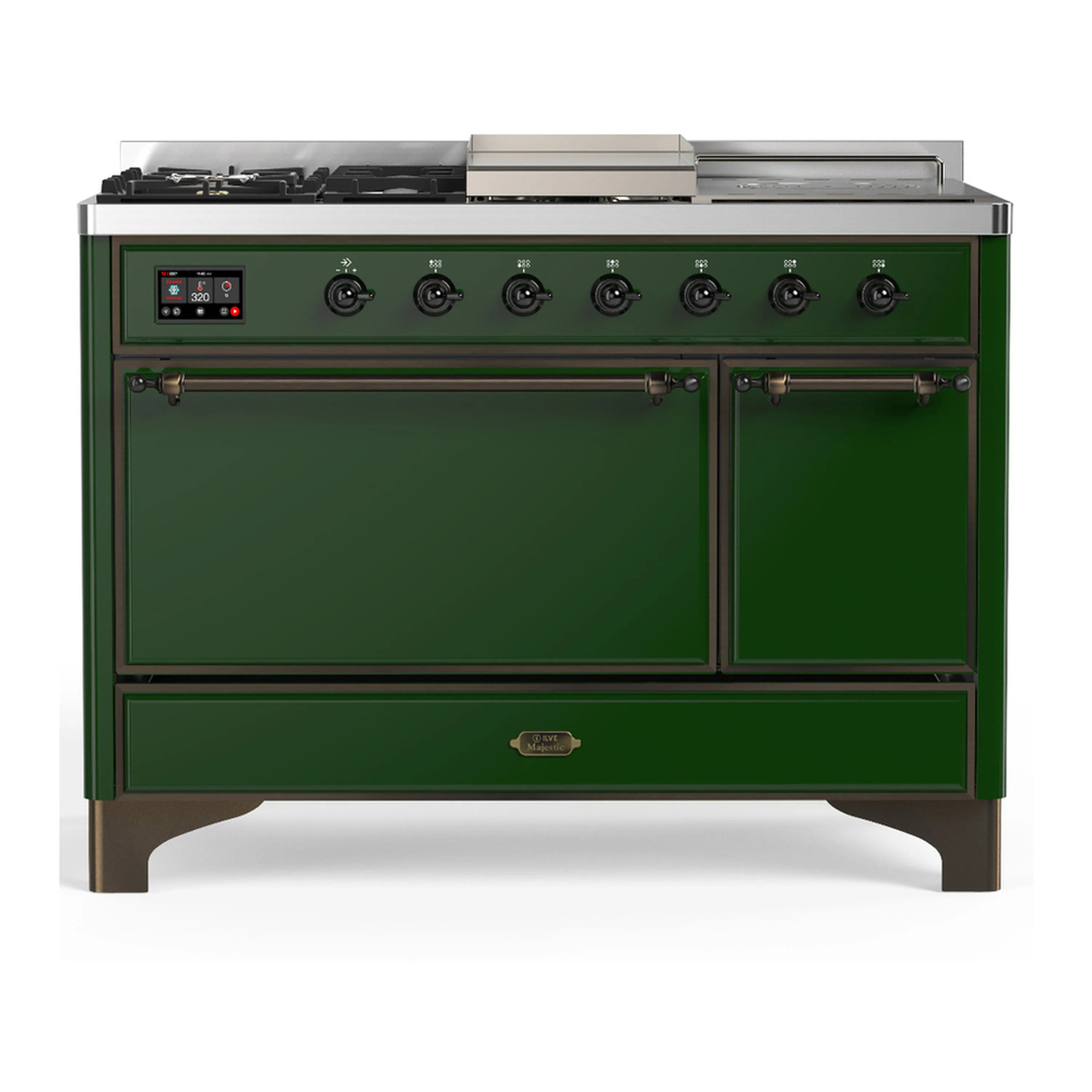 Emerald green dual fuel range with two front doors and knobs on the back control panel