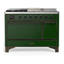 ILVE Majestic III 48-inch Dual Fuel Range with 5 Natural Gas Burner, Griddle, French Top and Solid Door Electric Oven in Emerald Green with Burnished Trim (UM48FSQNR3EGB)