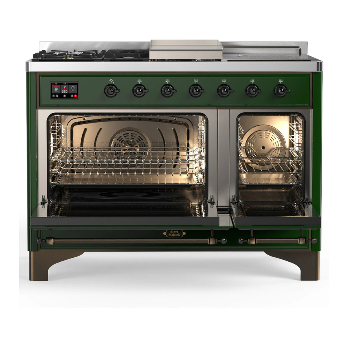 Emerald green dual fuel range with open oven doors, stainless racks, and front control knobs