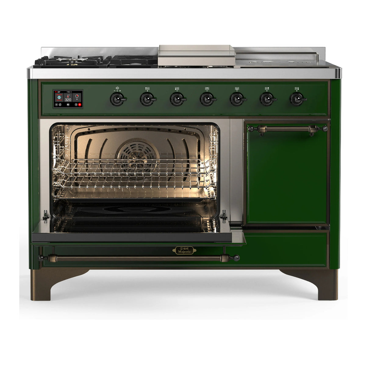 Emerald green dual fuel range with one oven door open, interior racks, and control panel