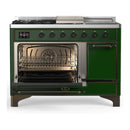 ILVE Majestic III 48-inch Dual Fuel Range with 5 Natural Gas Burner, Griddle, French Top and Solid Door Electric Oven in Emerald Green with Burnished Trim (UM48FSQNR3EGB)