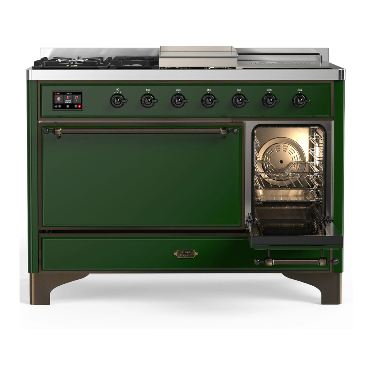 Emerald green dual fuel range with closed solid doors and illuminated oven window