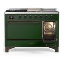 ILVE Majestic III 48-inch Dual Fuel Range with 5 Natural Gas Burner, Griddle, French Top and Solid Door Electric Oven in Emerald Green with Burnished Trim (UM48FSQNR3EGB)