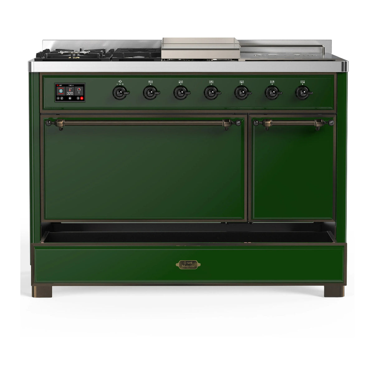 Emerald green dual fuel range with two front solid doors and control knobs along the back rail