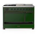 ILVE Majestic III 48-inch Dual Fuel Range with 5 Natural Gas Burner, Griddle, French Top and Solid Door Electric Oven in Emerald Green with Burnished Trim (UM48FSQNR3EGB)