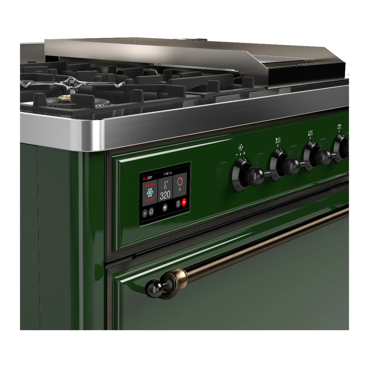 Emerald green dual fuel range cooktop with illuminated display and black burner knobs