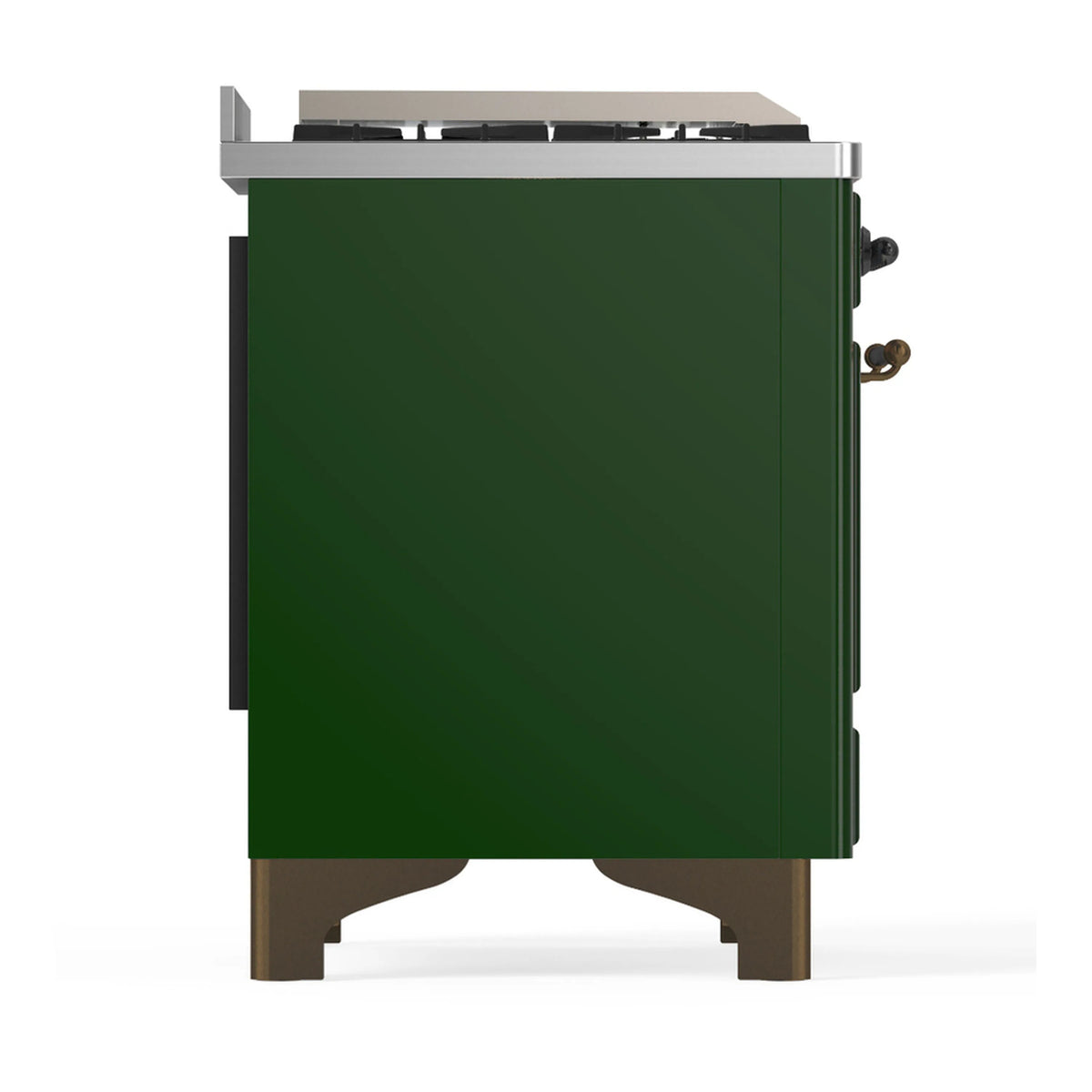 Emerald green dual fuel range side view with solid panel and stainless control rail