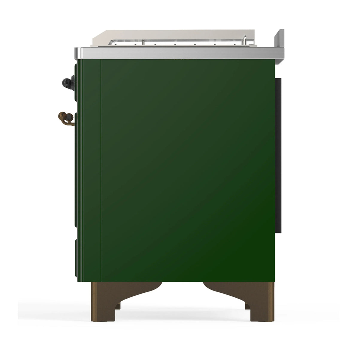 Emerald green dual fuel range back corner side view with stainless top trim