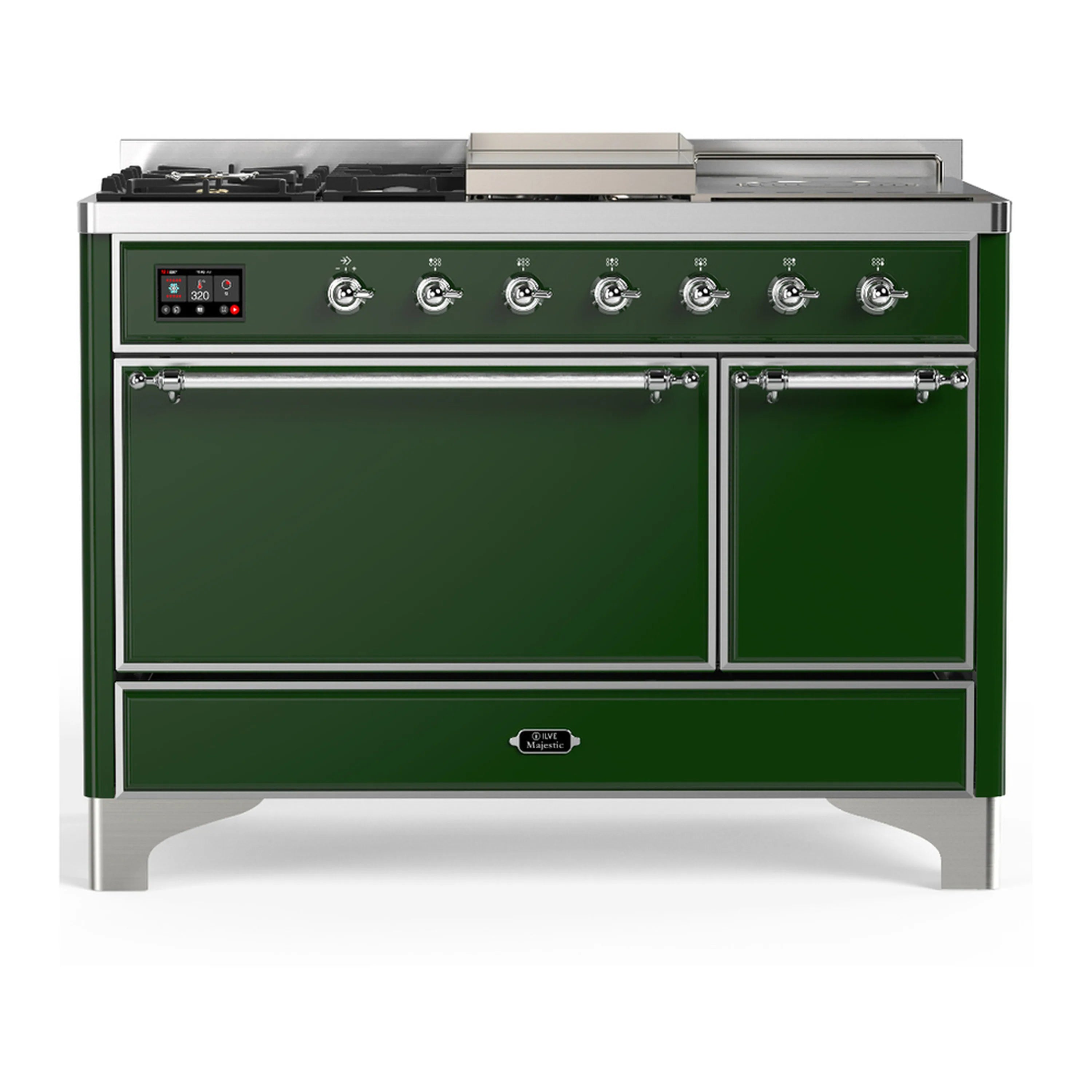 Emerald green dual fuel range with chrome trim and control knobs, front view.