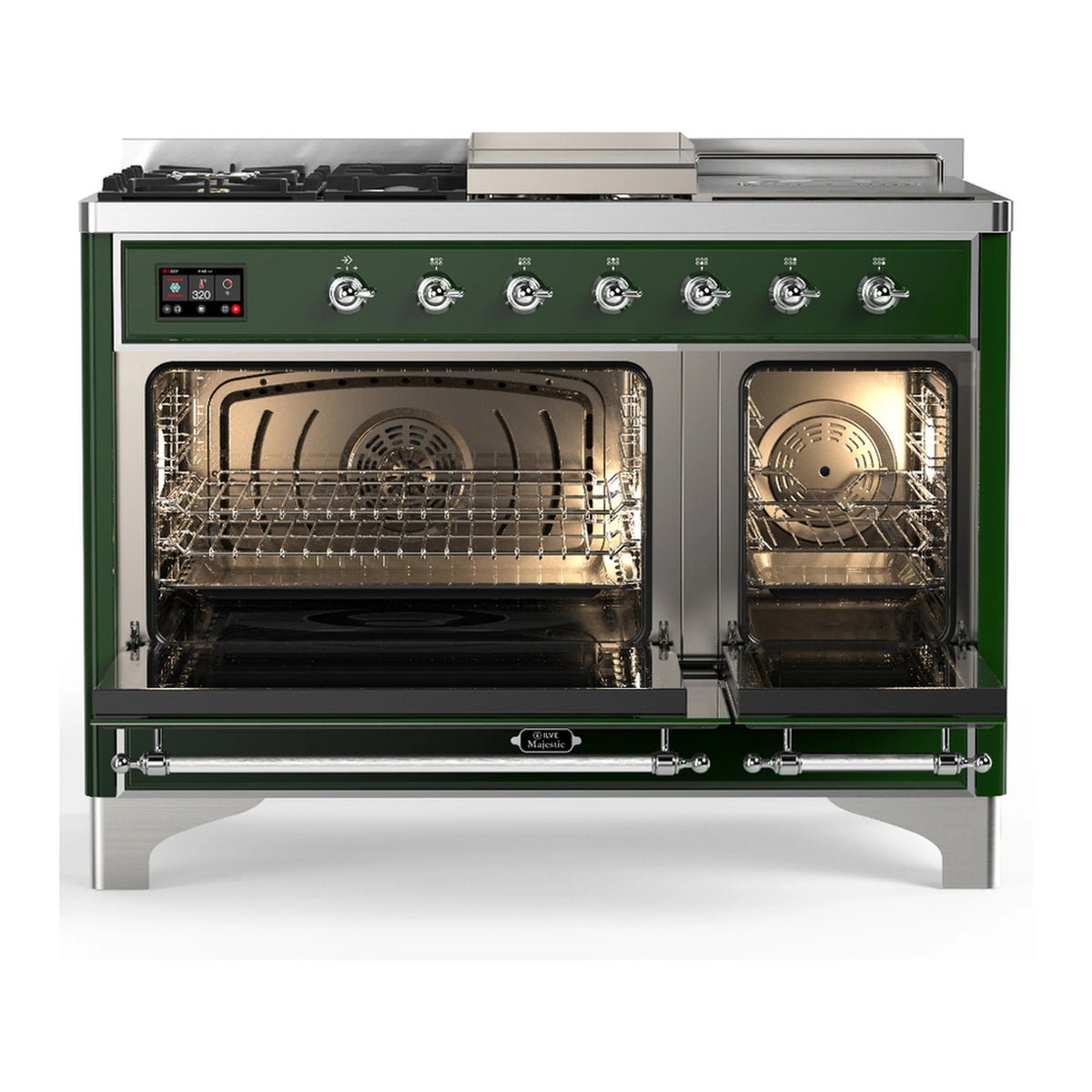 Emerald green dual fuel range with two oven doors open, chrome interior racks visible.
