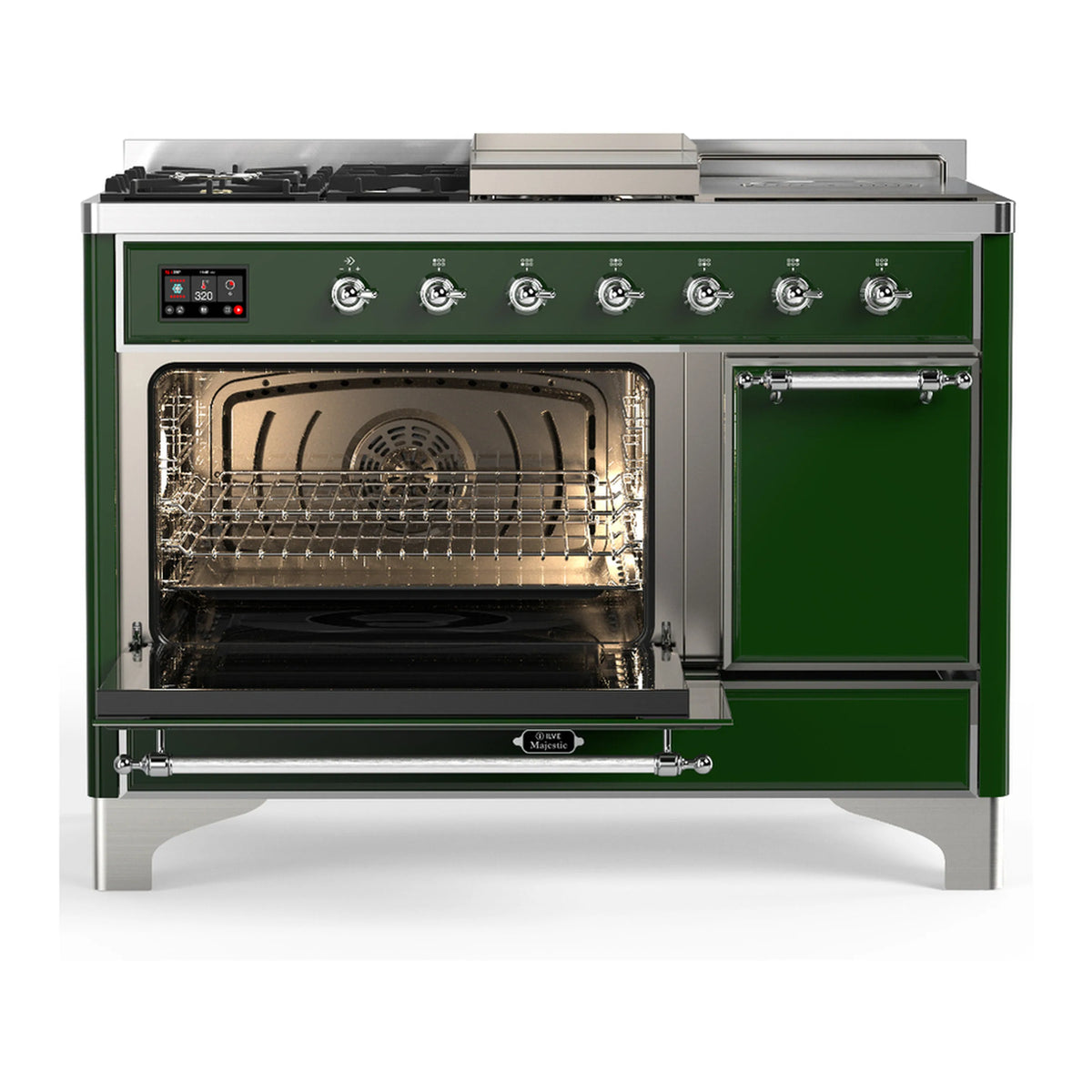 Emerald green dual fuel range with chrome trim, open oven door and visible baking racks