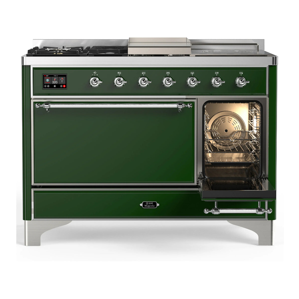 Emerald green dual fuel range with right oven door open and left cabinet door closed.