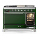 ILVE Majestic III 48-inch Dual Fuel Range with 5 Natural Gas Burner, Griddle, French Top and Solid Door Electric Oven in Emerald Green with Chrome Trim (UM48FSQNR3EGC)