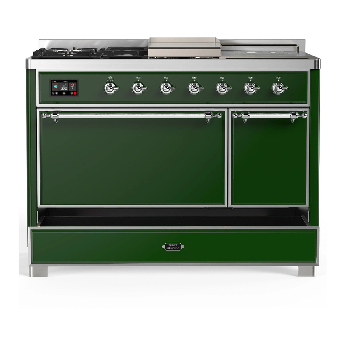 Emerald green dual fuel range with chrome trim, front view of oven doors and control panel