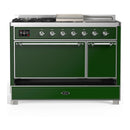 ILVE Majestic III 48-inch Dual Fuel Range with 5 Liquid Propane Burner, Griddle, French Top and Solid Door Electric Oven in Emerald Green with Chrome Trim (UM48FSQNR3EGCLP)