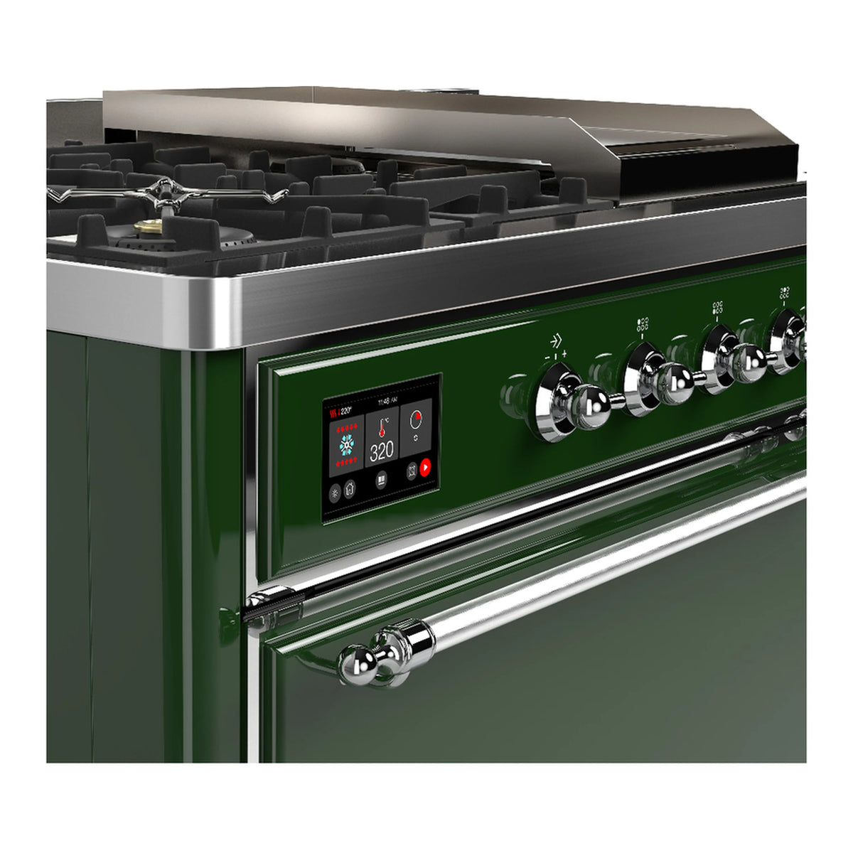 Emerald green dual fuel range side view with control display and chrome burner knobs.