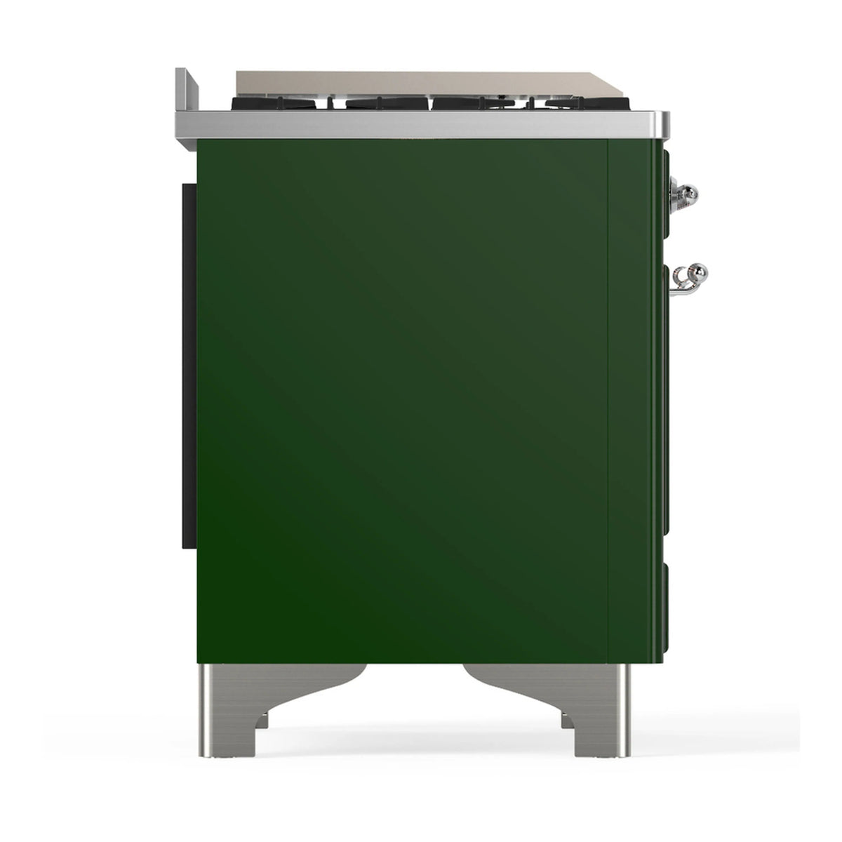 Emerald green dual fuel range side panel with chrome trim and countertop controls visible.