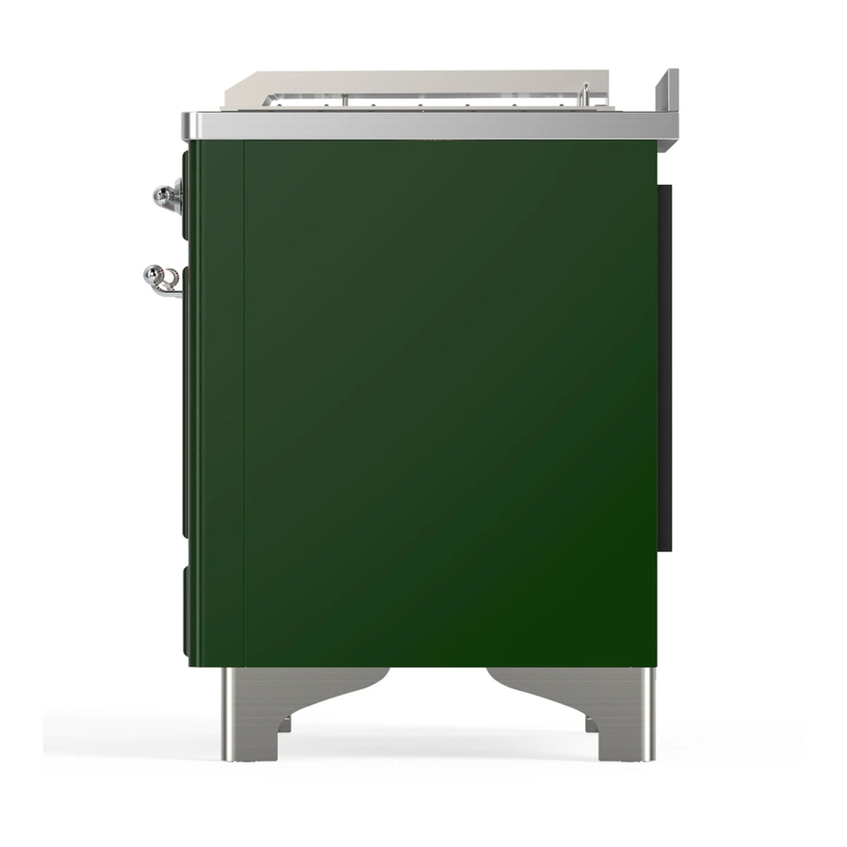 Emerald green dual fuel range with chrome trim, side view showing storage drawer and base