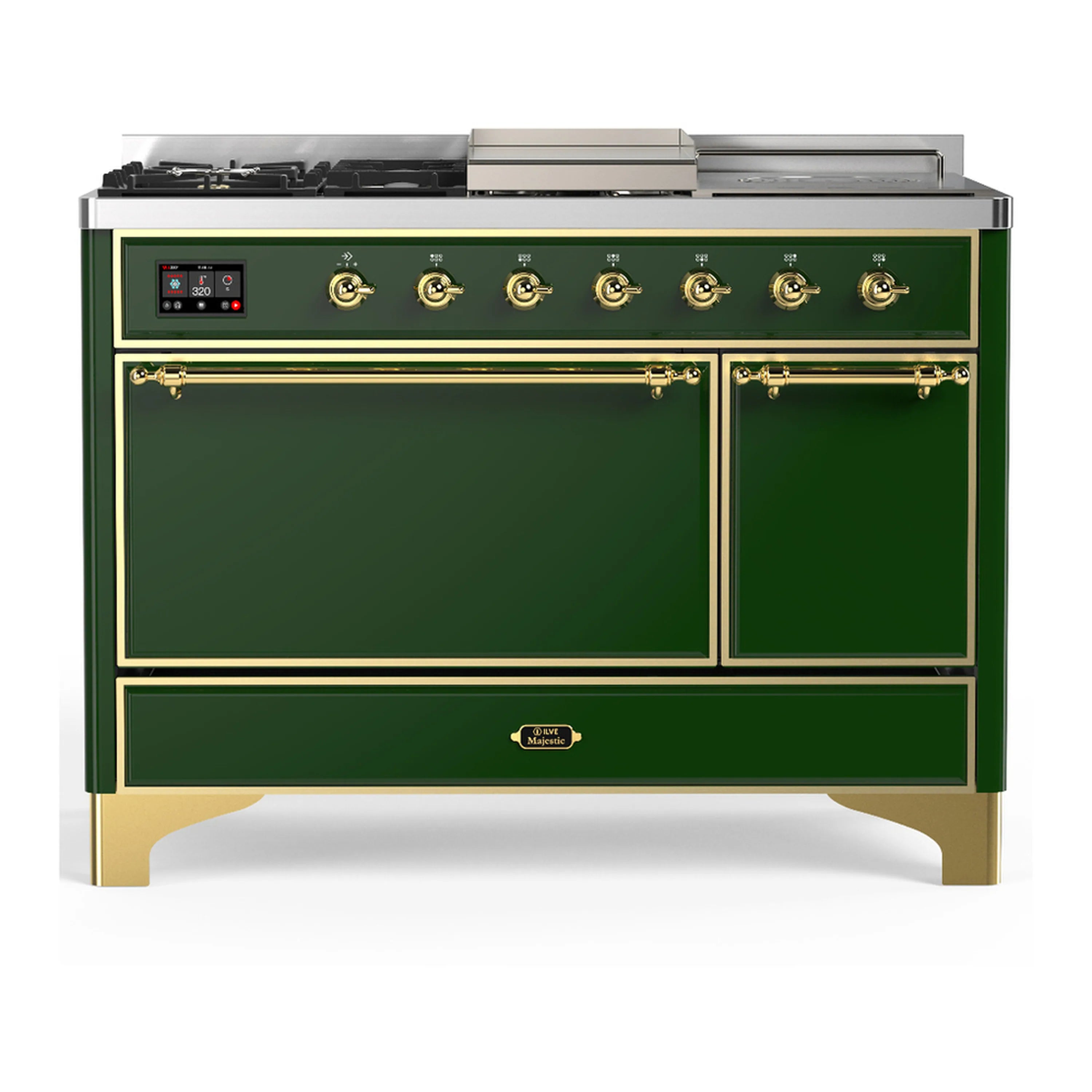 Emerald green dual fuel range with brass trim; two doors closed, knobs and control panel.