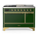 ILVE Majestic III 48-inch Dual Fuel Range with 5 Natural Gas Burner, Griddle, French Top and Solid Door Electric Oven in Emerald Green with Brass Trim (UM48FSQNR3EGG)