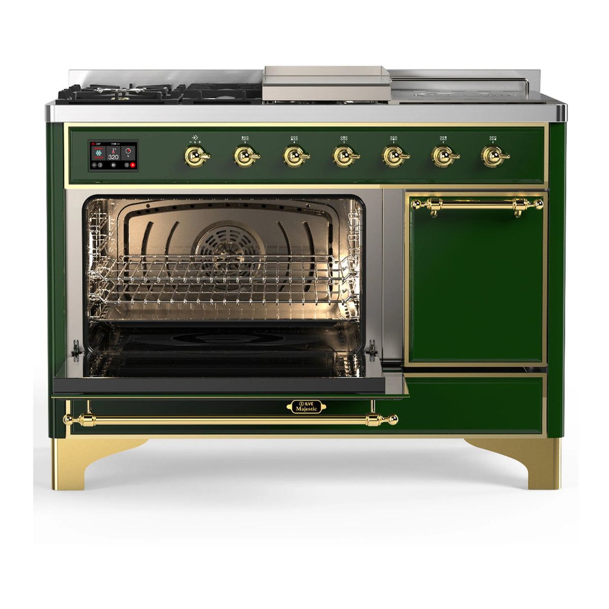 Emerald green dual fuel range with brass trim; oven door open, control panel and knobs.