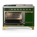 ILVE Majestic III 48-inch Dual Fuel Range with 5 Natural Gas Burner, Griddle, French Top and Solid Door Electric Oven in Emerald Green with Brass Trim (UM48FSQNR3EGG)