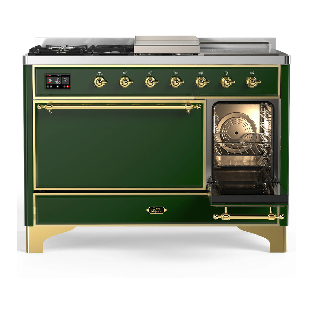 Emerald green dual fuel range with brass trim; left doors closed, right oven window visible.