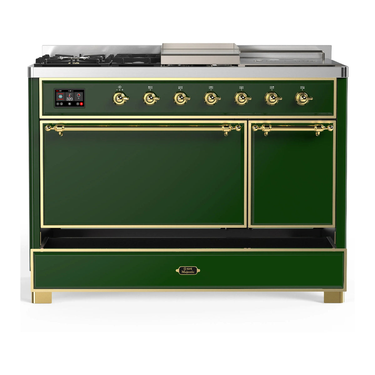 Emerald green dual fuel range with brass trim; two front doors closed and knobs on top.