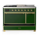 ILVE Majestic III 48-inch Dual Fuel Range with 5 Natural Gas Burner, Griddle, French Top and Solid Door Electric Oven in Emerald Green with Brass Trim (UM48FSQNR3EGG)