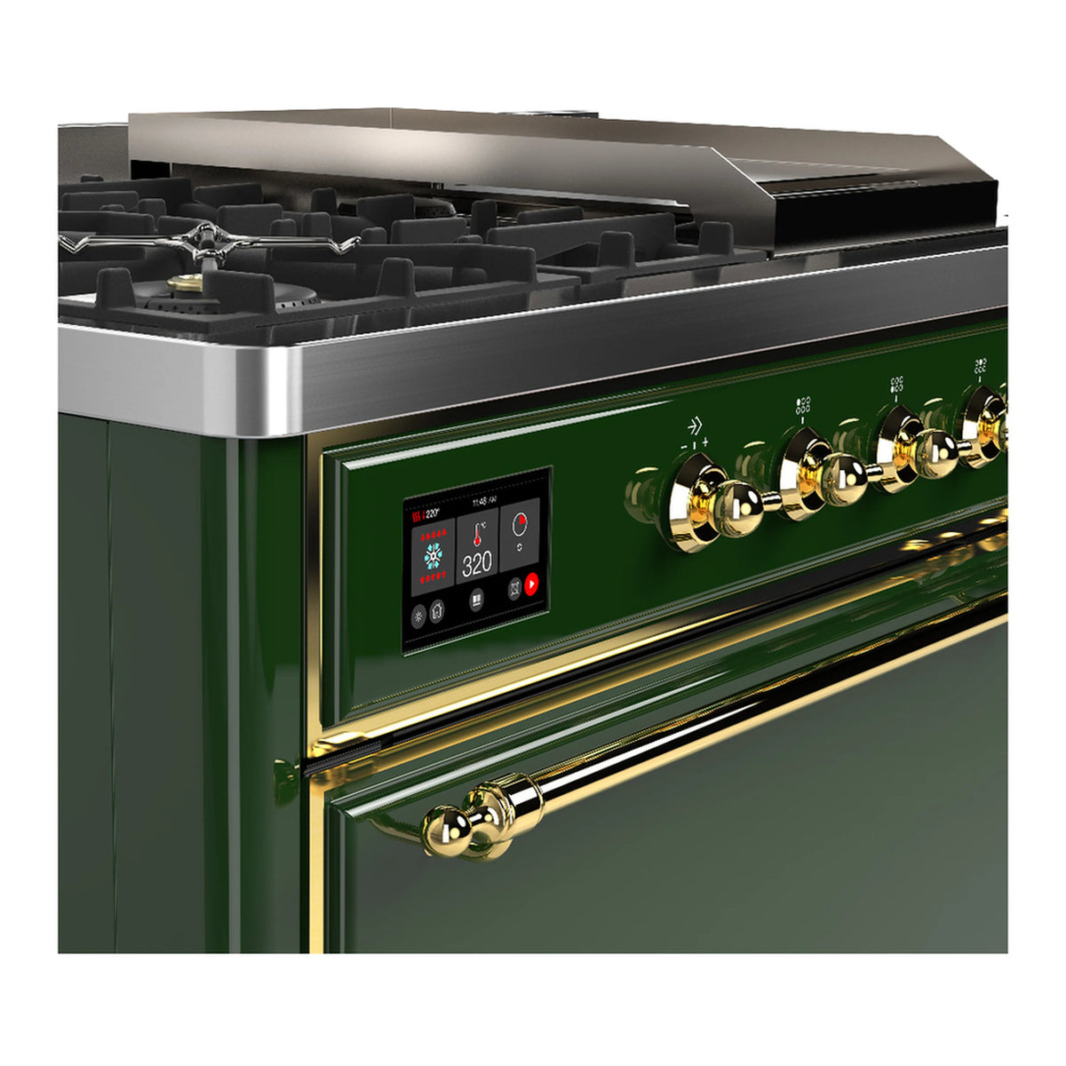 Emerald green dual fuel range close-up of control panel, brass handles, and open cooktop.