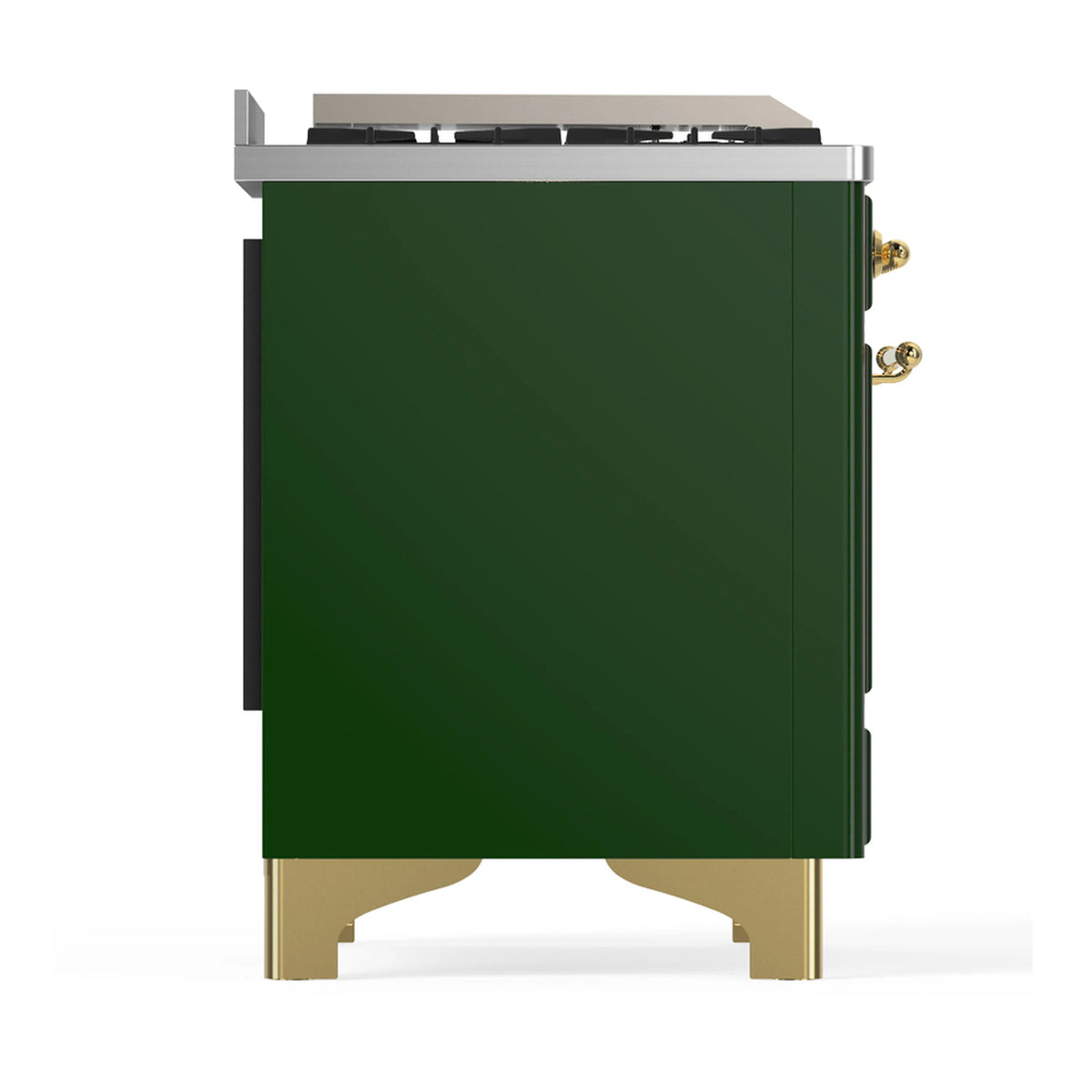 Emerald green dual fuel range side view with brass legs, control area, and open top.