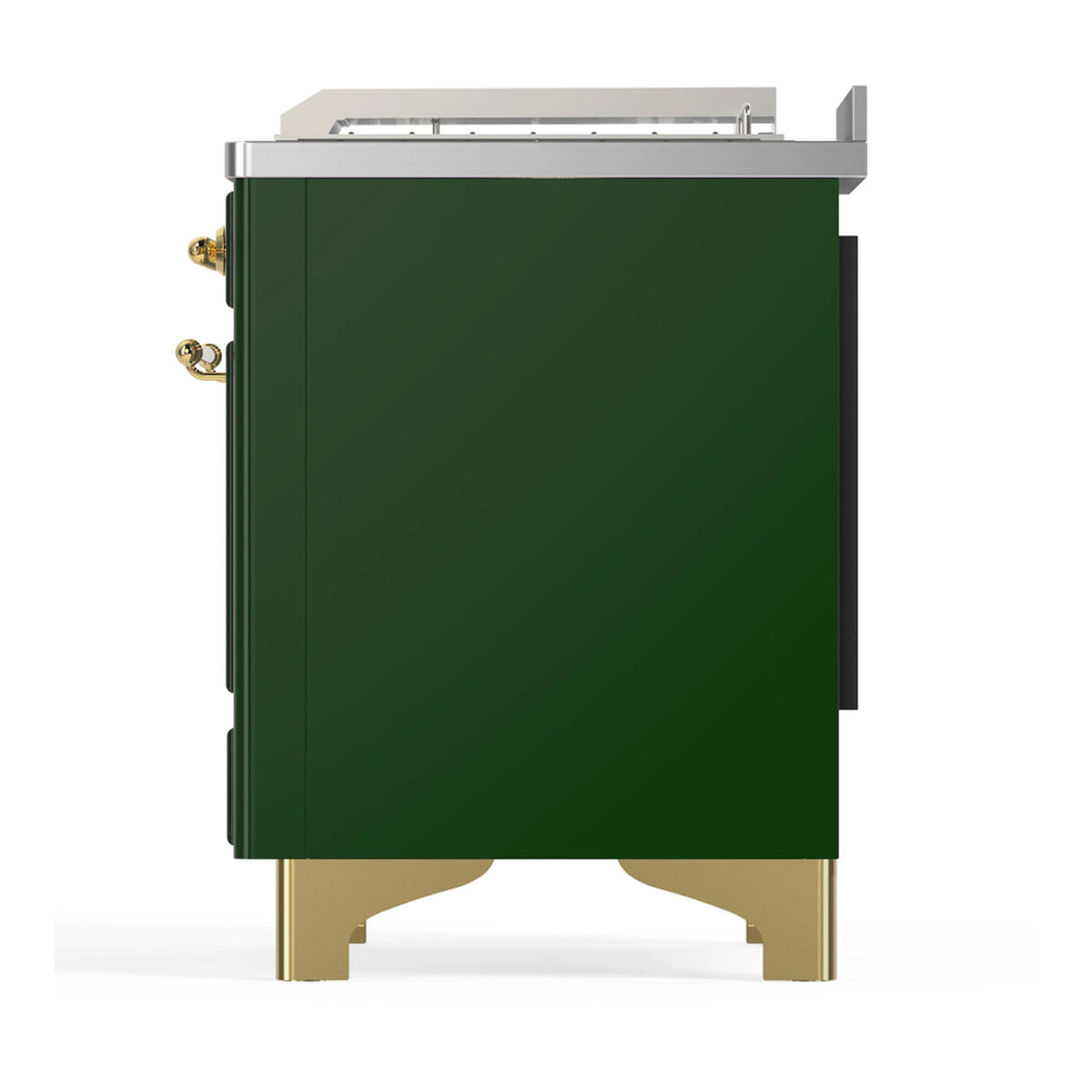 Emerald green dual fuel range rear side view with brass legs and protruding side hardware.