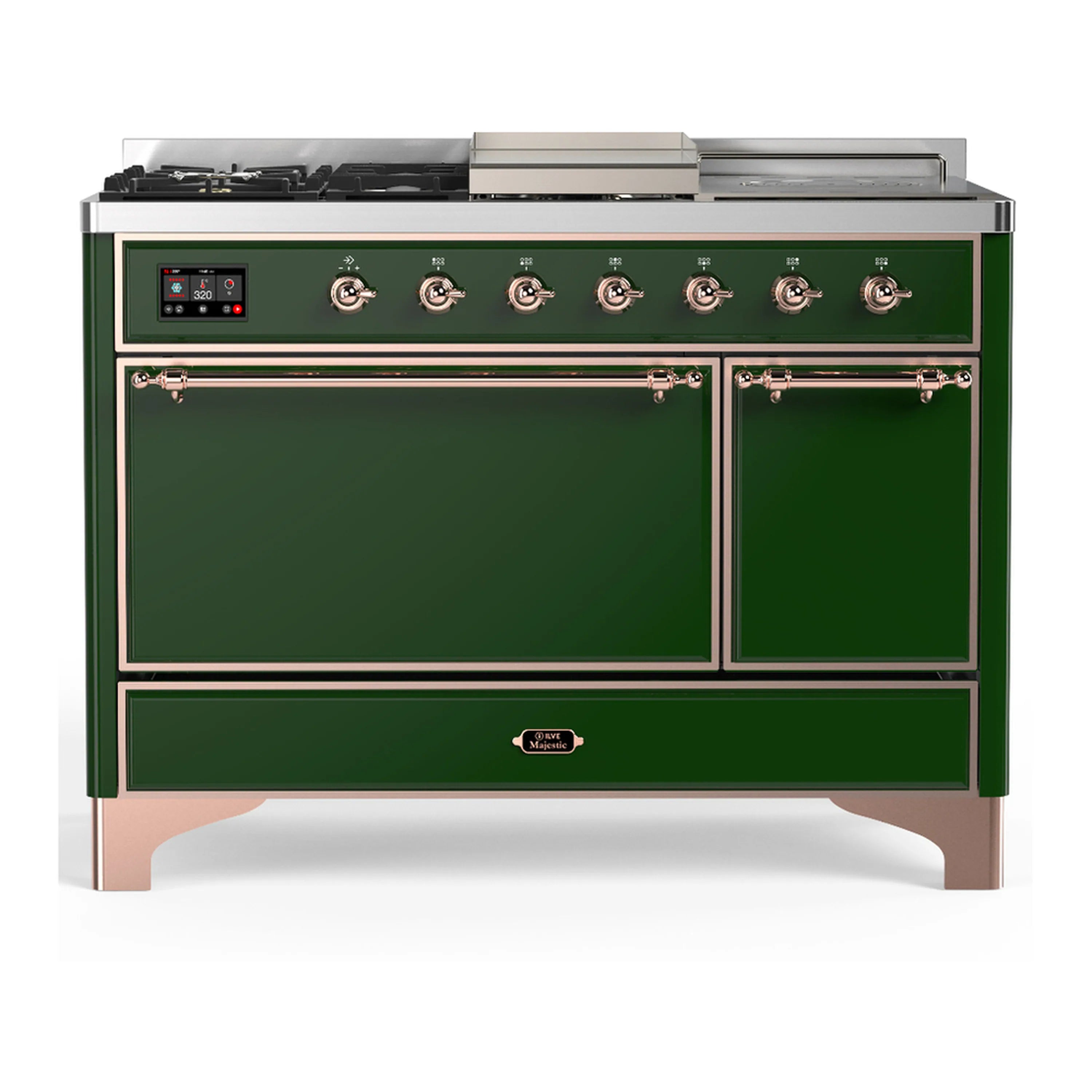 Emerald green dual fuel range with copper trim, closed oven doors and front control knobs.