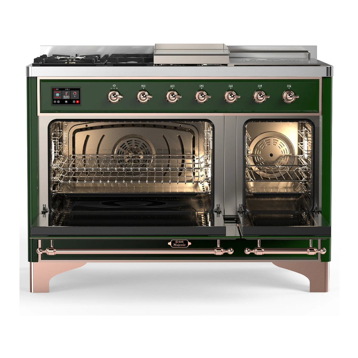 Emerald green dual fuel range with copper trim, open oven doors and burner control knobs.