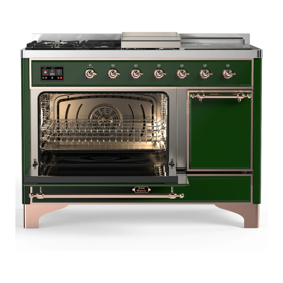 Emerald green range with copper trim, open oven door and closed drawer below.