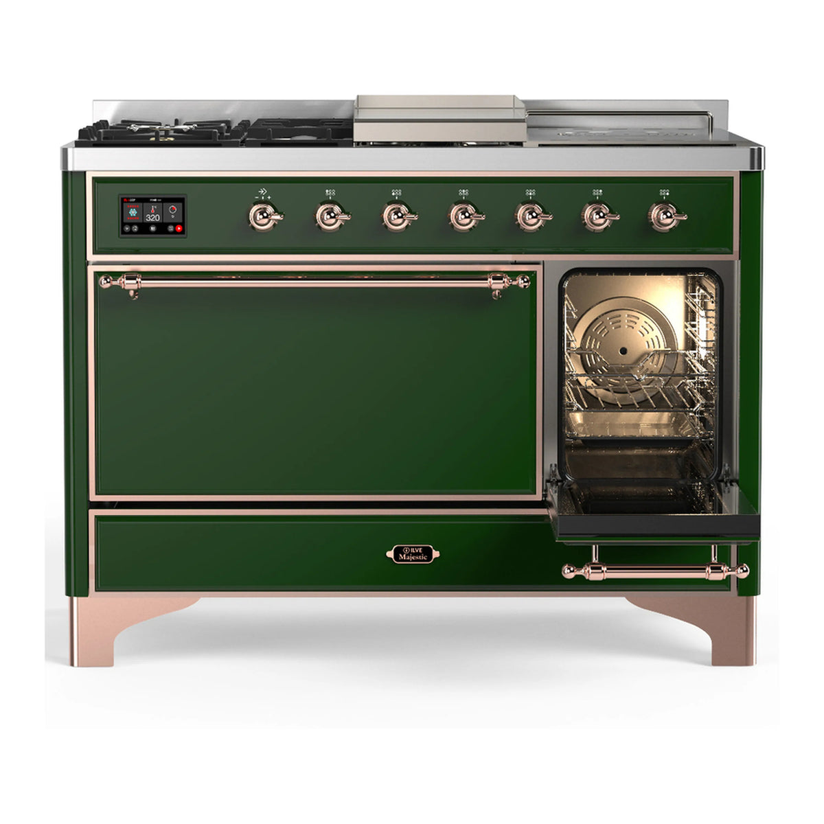 Emerald green dual fuel range with copper trim, large side panel and open oven door.