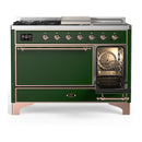 ILVE Majestic III 48-inch Dual Fuel Range with 5 Natural Gas Burner, Griddle, French Top and Solid Door Electric Oven in Emerald Green with Copper Trim (UM48FSQNR3EGP)